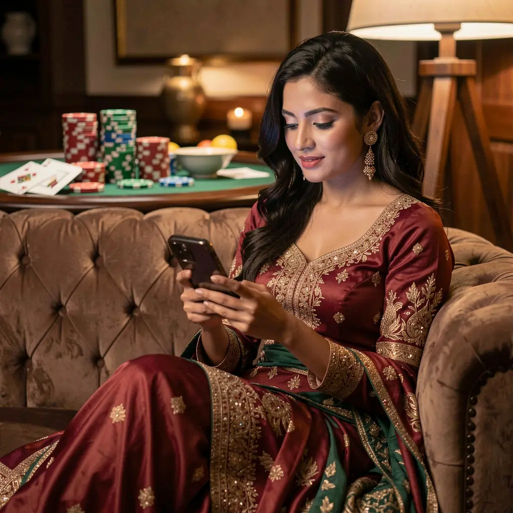 Elegant Pakistani woman relaxing on a sofa while using the ISBO7 casino app with glowing chips and cards creating a premium gaming mood