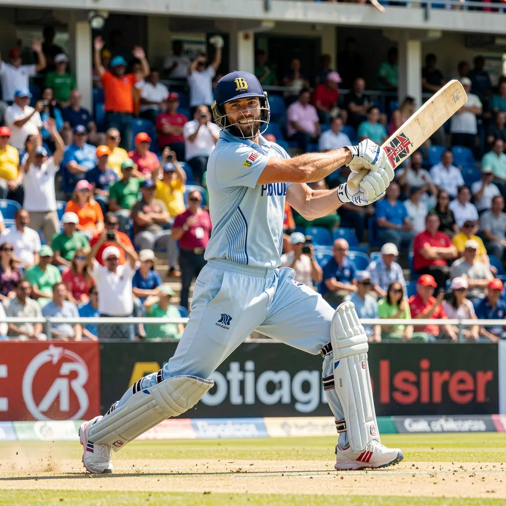 Dynamic cricket moment with a batsman playing an aggressive shot in a packed stadium highlighting the excitement of live cricket betting with ISBO7 in Pakistan