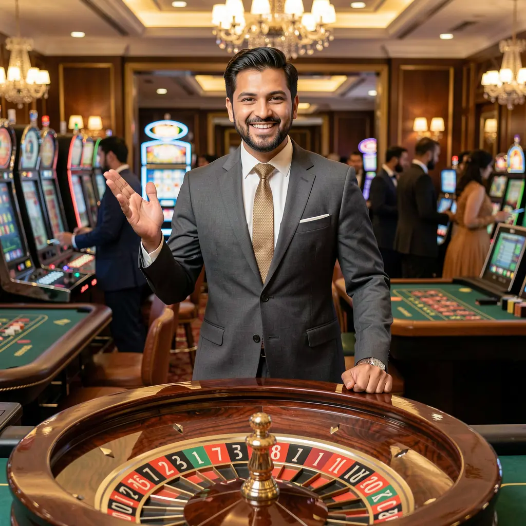 Confident casino host in a tailored suit welcoming players at a premium roulette table inside the stylish ISBO7 live casino environment in Pakistan