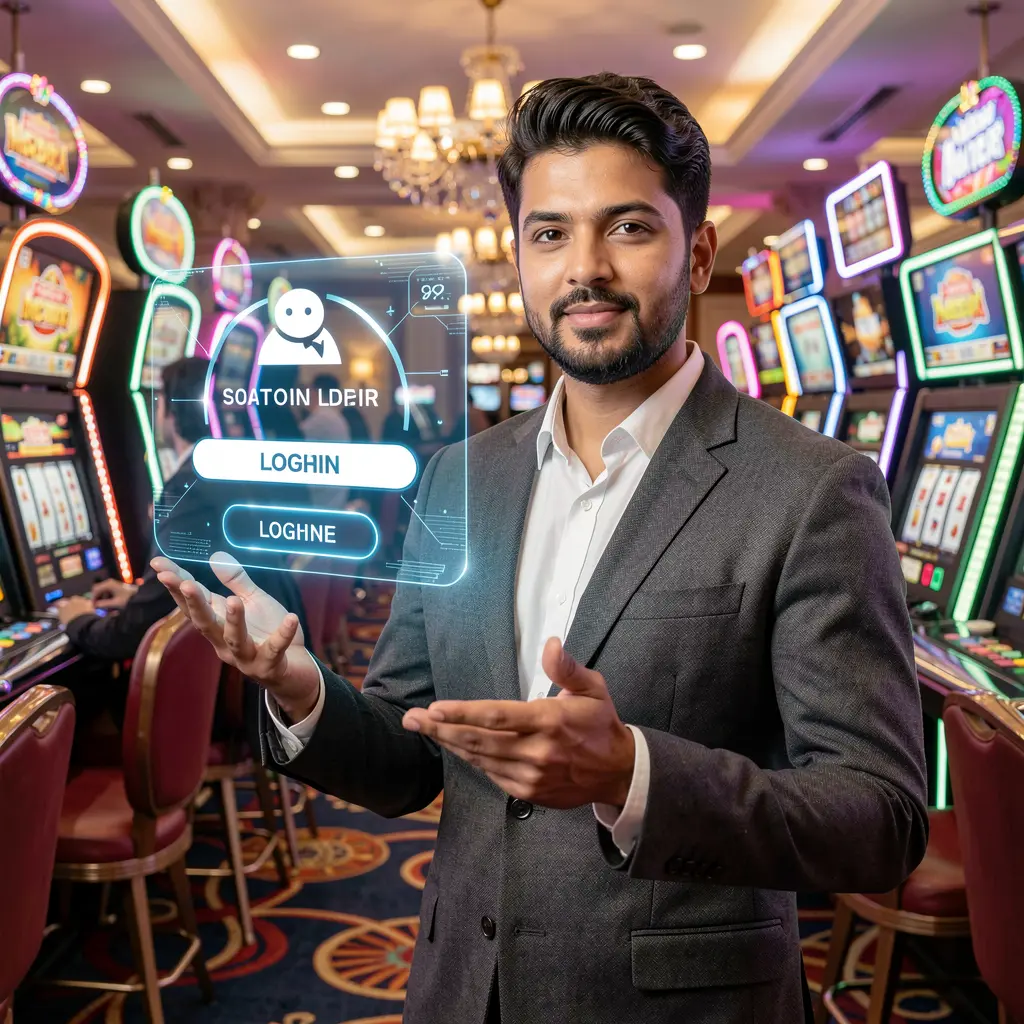 Professional Pakistani casino dealer pointing at a glowing holographic login button inside a vibrant ISBO7 casino environment