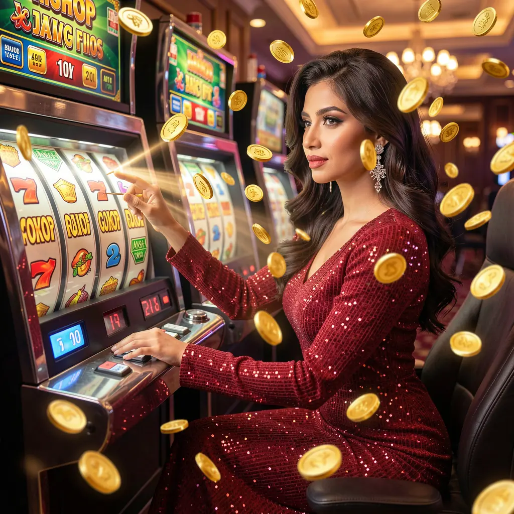 A glamorous woman in a sparkling red dress playing a glowing slot machine with jackpot symbols and falling coins at ISBO7 casino in Pakistan